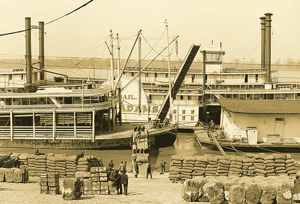Unloading cotton at levee, Memphis, Tenn.. Photograph by the Detroit Publishing Company, 1906.